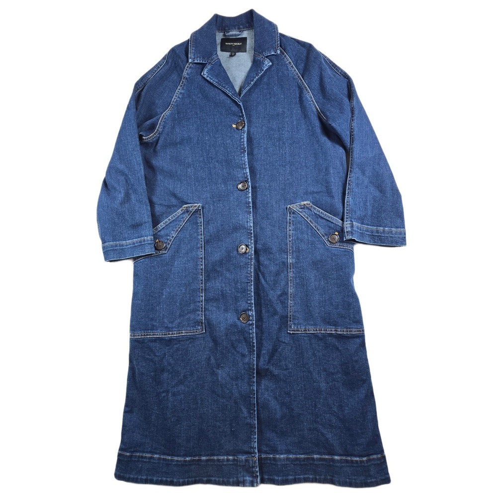 Banana Republic Denim Duster Coat Women XS Petite Blue Cotton Long Trench Jacket